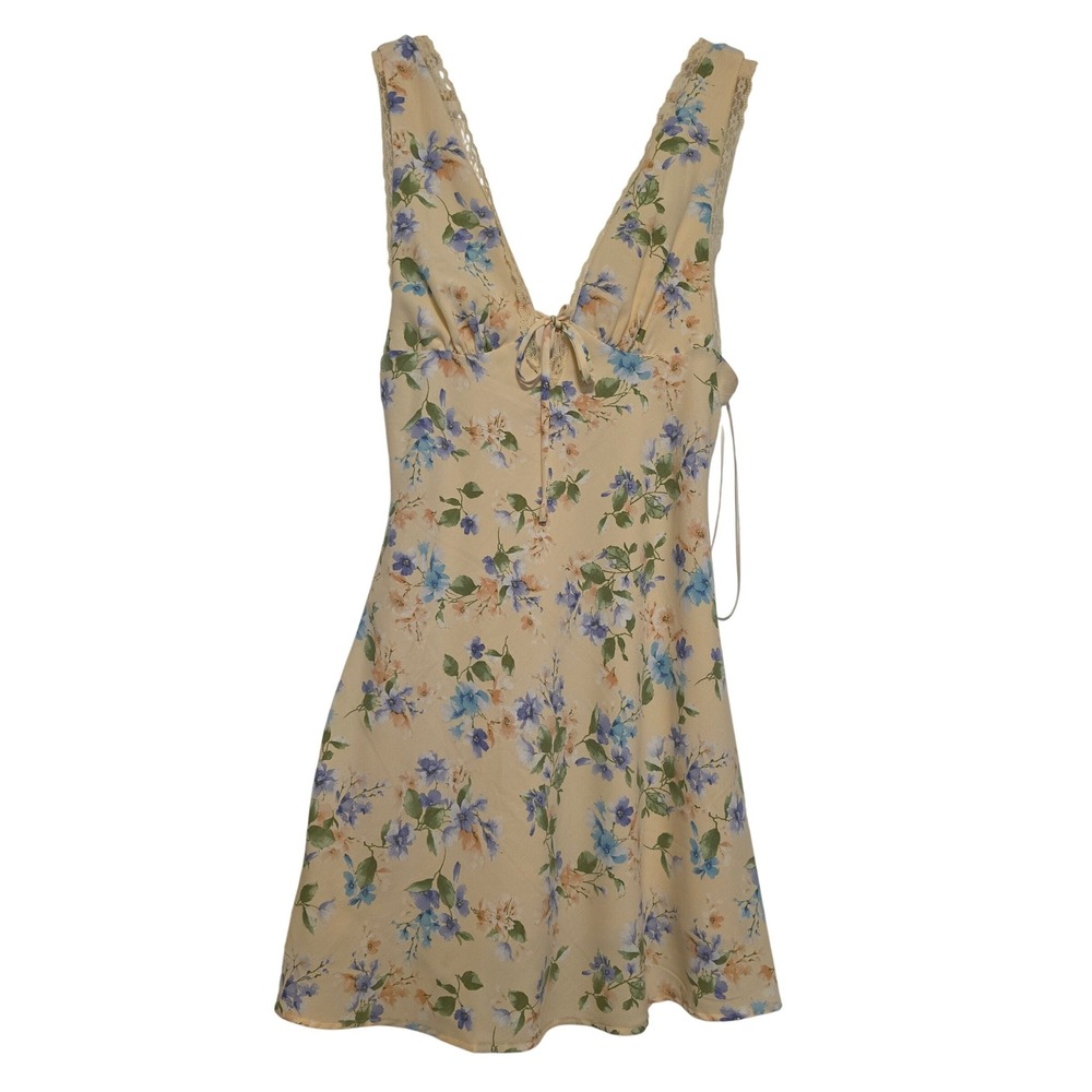 Thirty Thirty LA Floral Lace Trim V-Neck Mini Dress Yellow Blue Large NWT